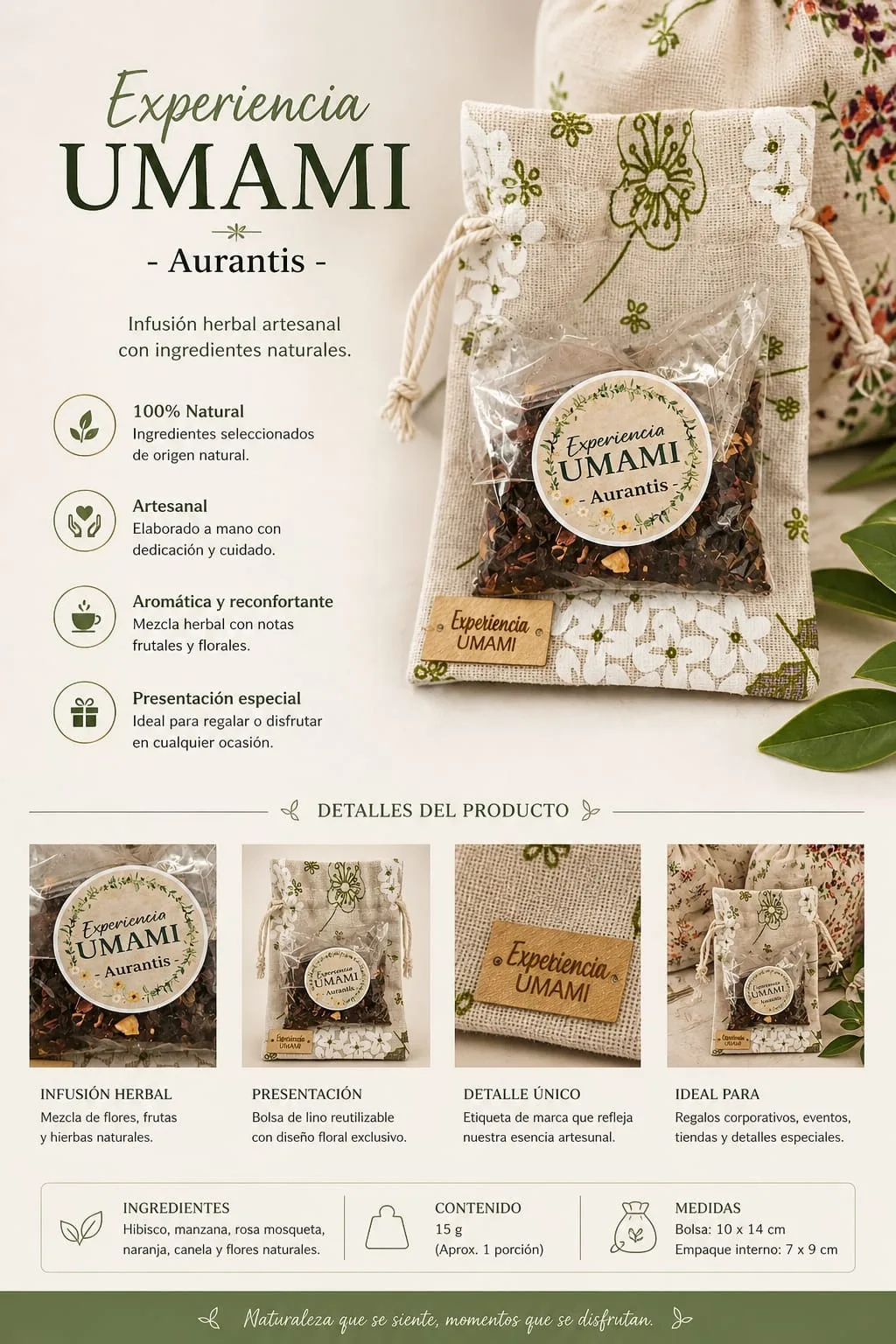 Aurantis · Jardín Umami · bolsita de lino 25 g (detalle)