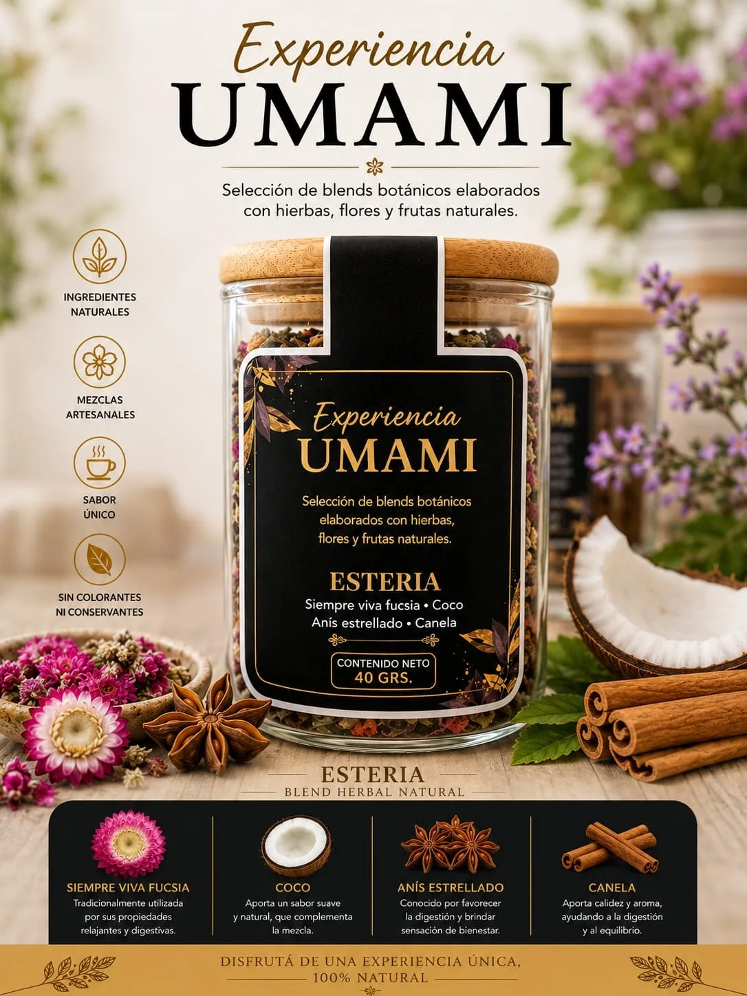 Esteria · Frasco de vidrio · tapa de bambú