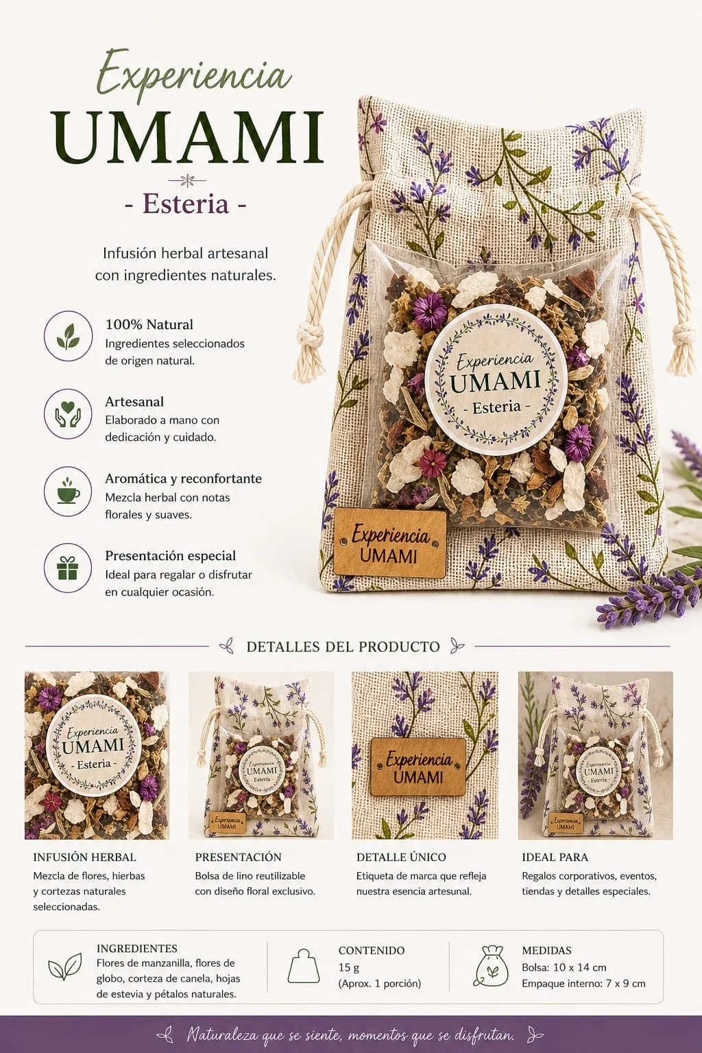 Esteria · Jardín Umami · bolsita de lino 25 g (detalle)