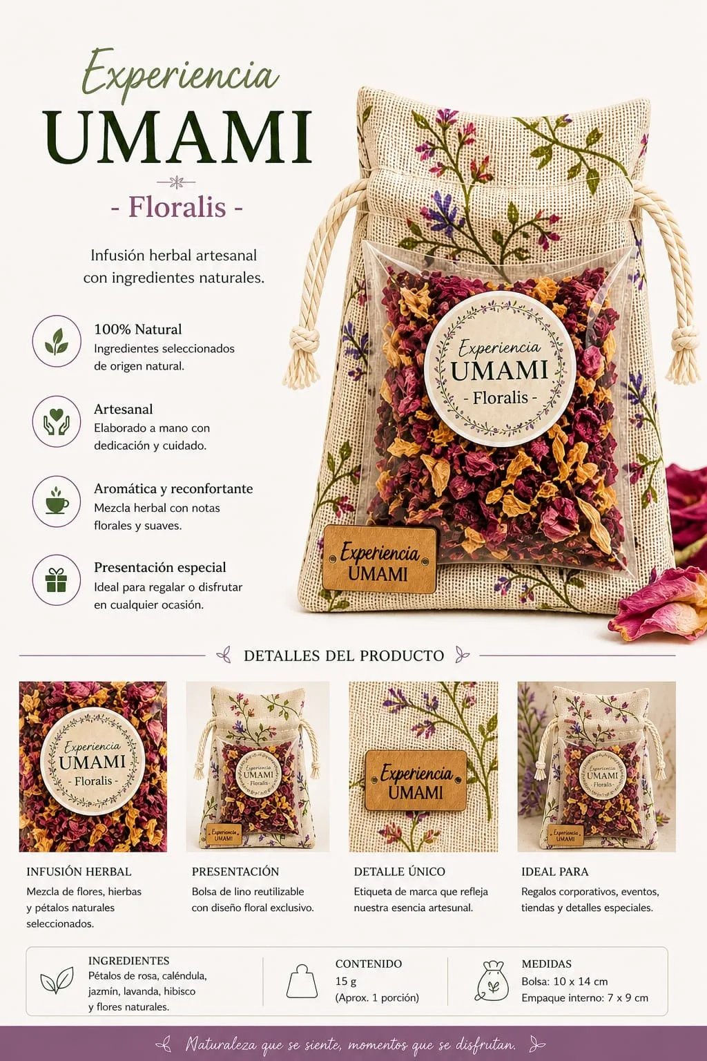 Floralis · Jardín Umami · bolsita de lino 25 g (detalle)