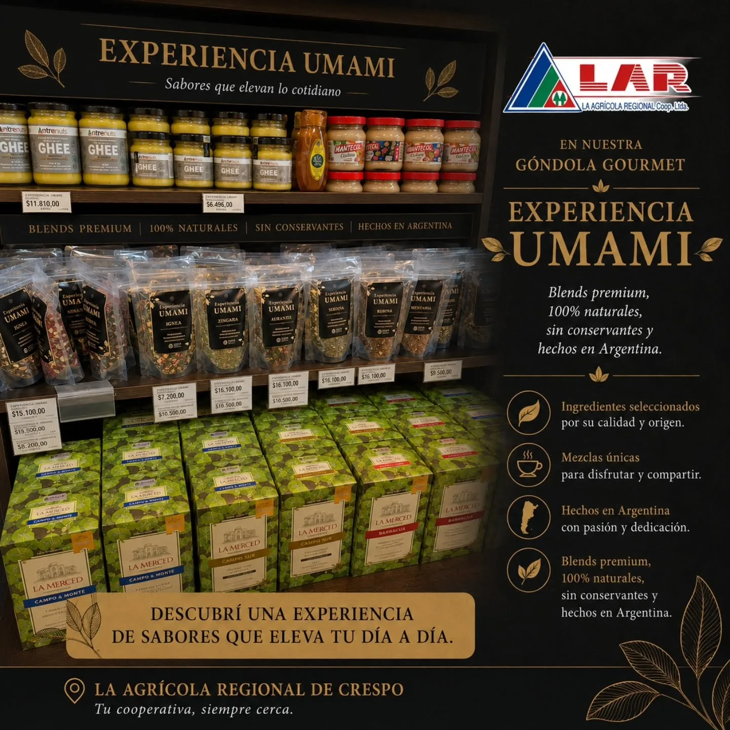 Góndola gourmet con los blends de Experiencia Umami en La Agrícola Regional de Crespo
