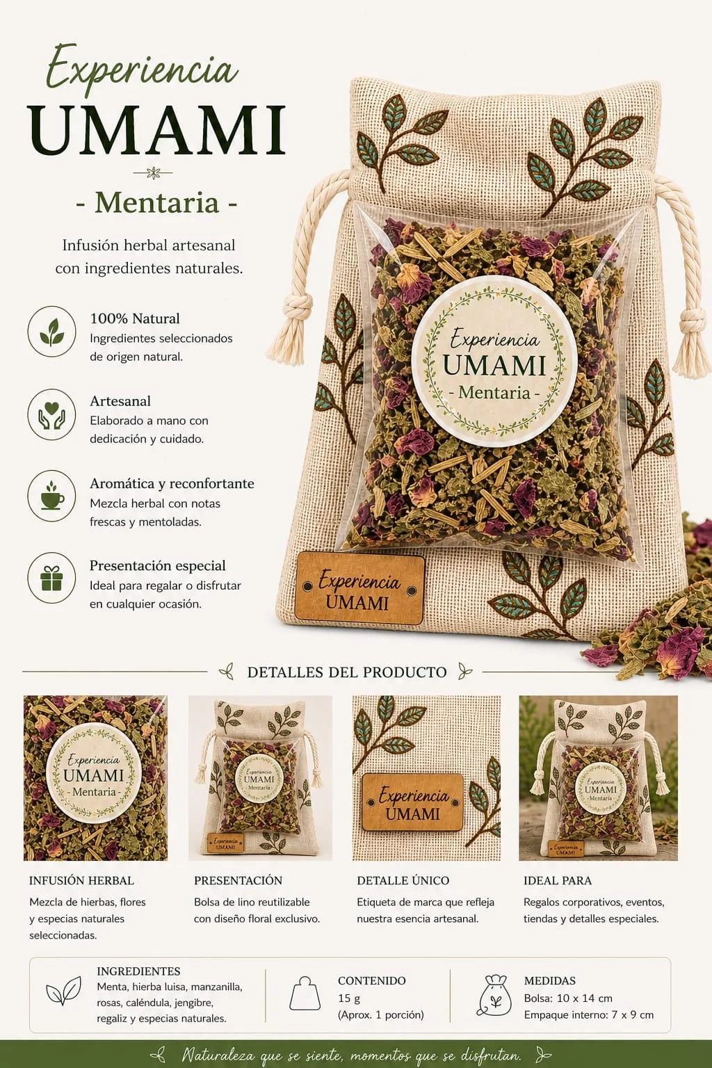 Mentaria · Jardín Umami · bolsita de lino 25 g (detalle)