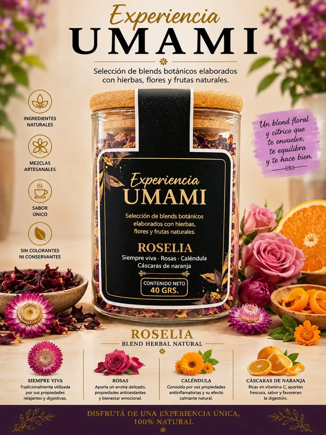 Roselia · Frasco de vidrio · tapa de bambú