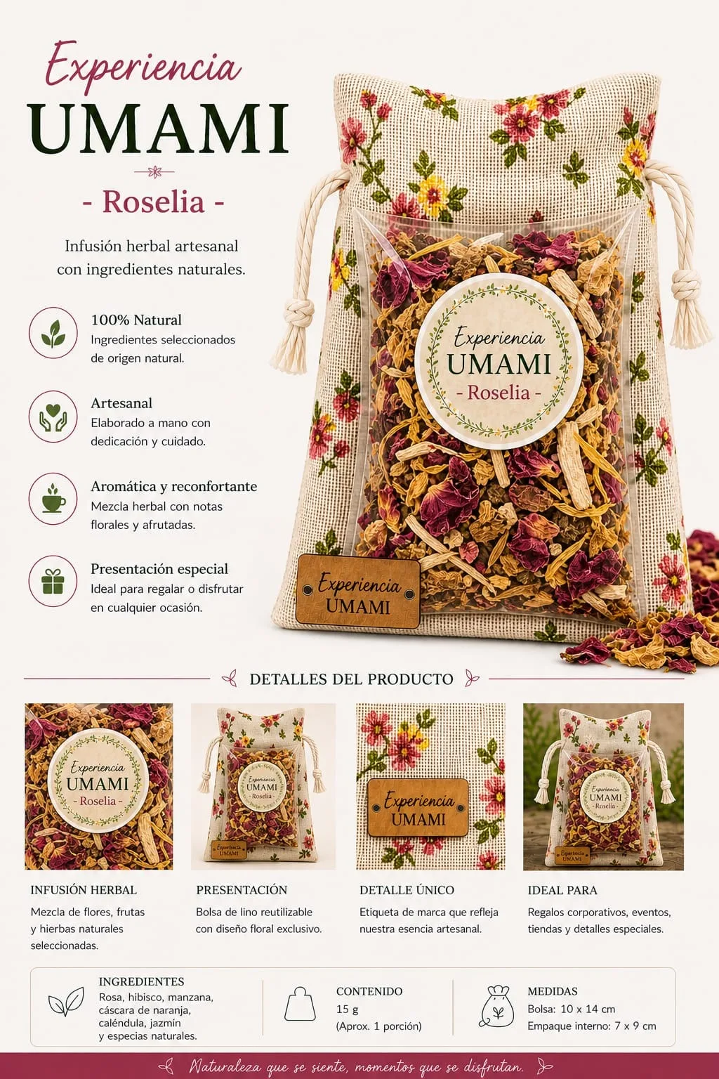 Roselia · Jardín Umami · bolsita de lino 25 g (detalle)