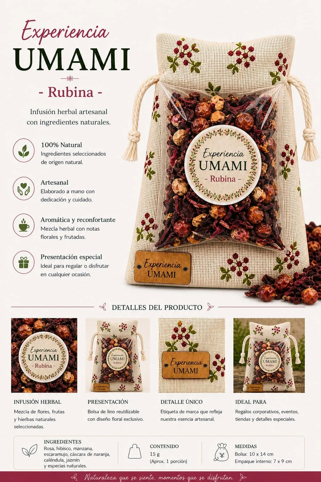 Rubina · Jardín Umami · bolsita de lino 25 g (detalle)