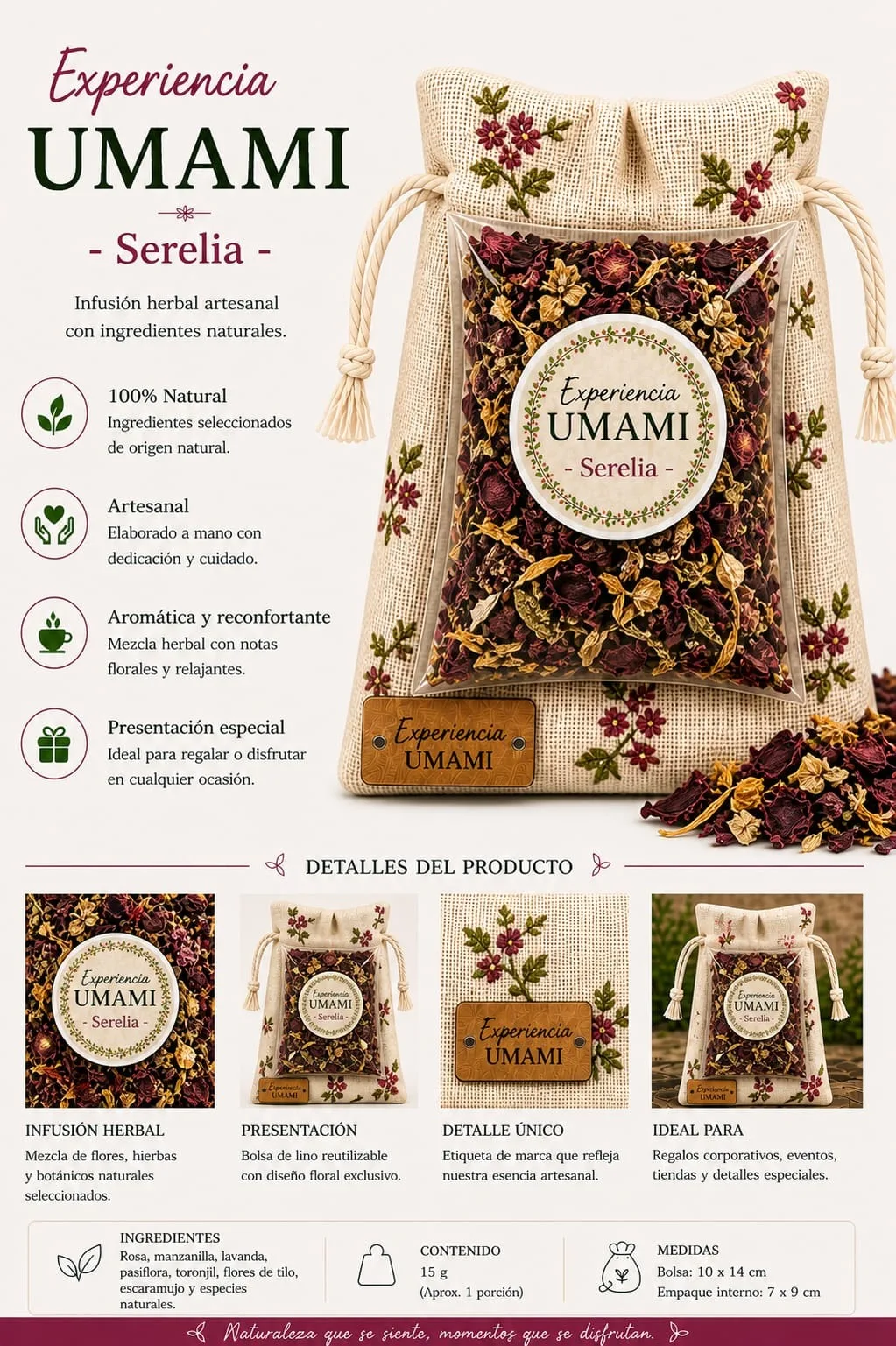 Serelia · Jardín Umami · bolsita de lino 25 g (detalle)