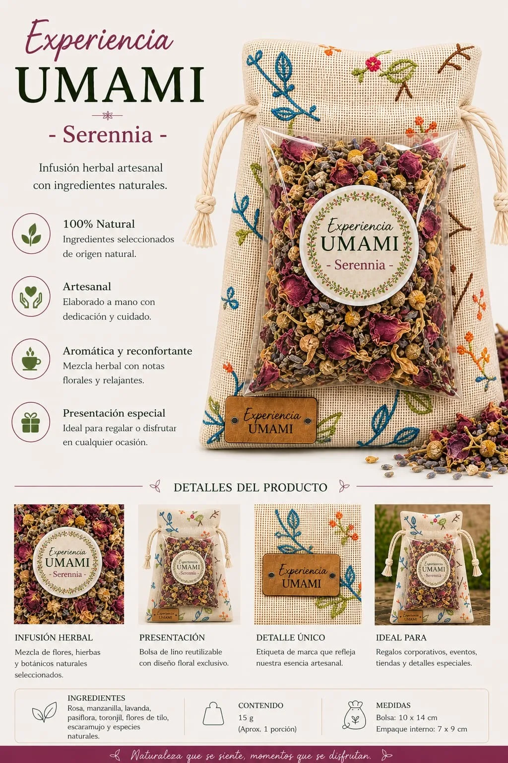 Serennia · Jardín Umami · bolsita de lino 25 g (detalle)