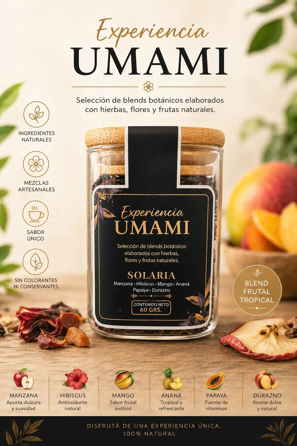 Solaria · Frasco de vidrio · tapa de bambú