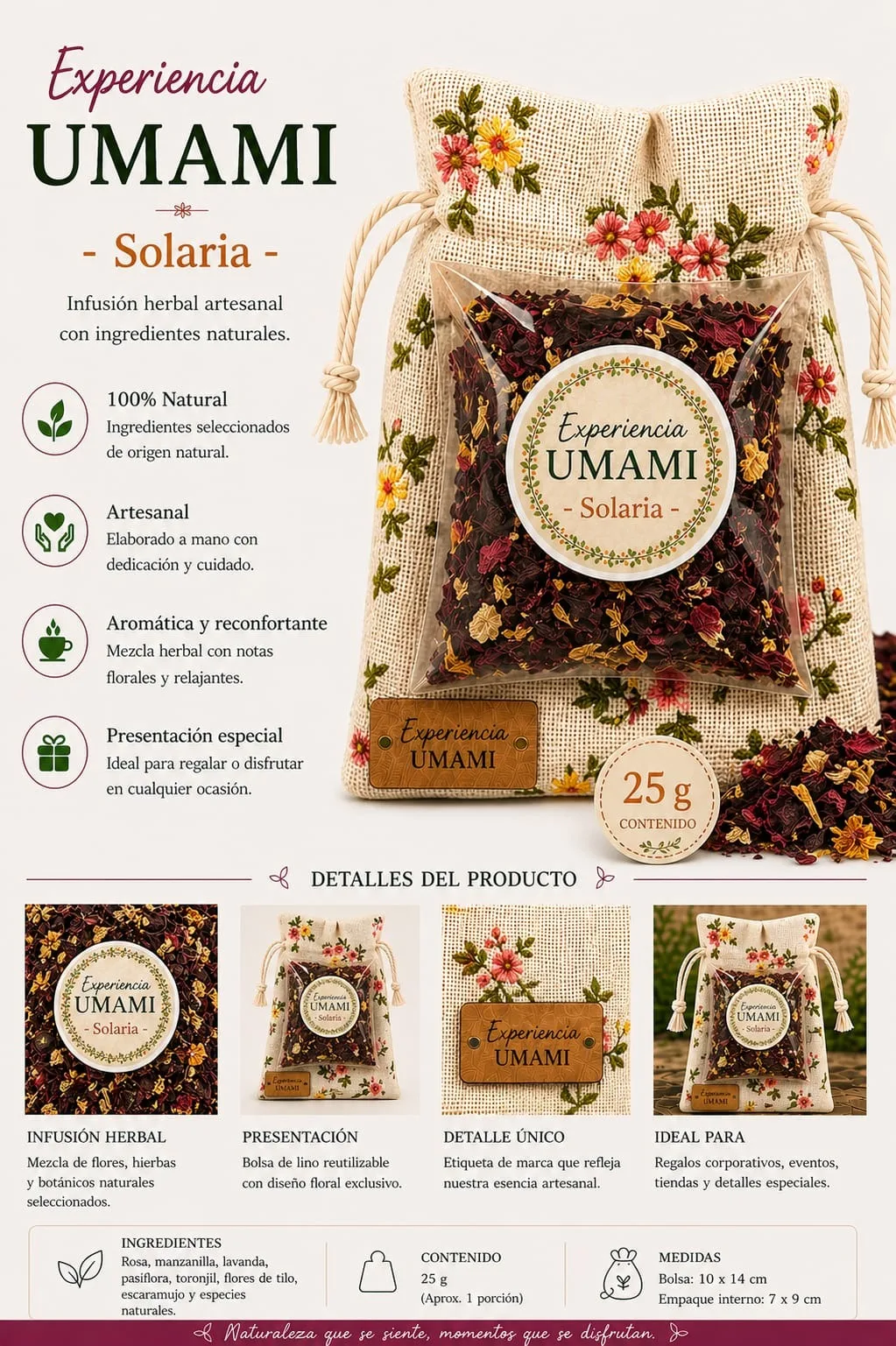 Solaria · Jardín Umami · bolsita de lino 25 g (detalle)