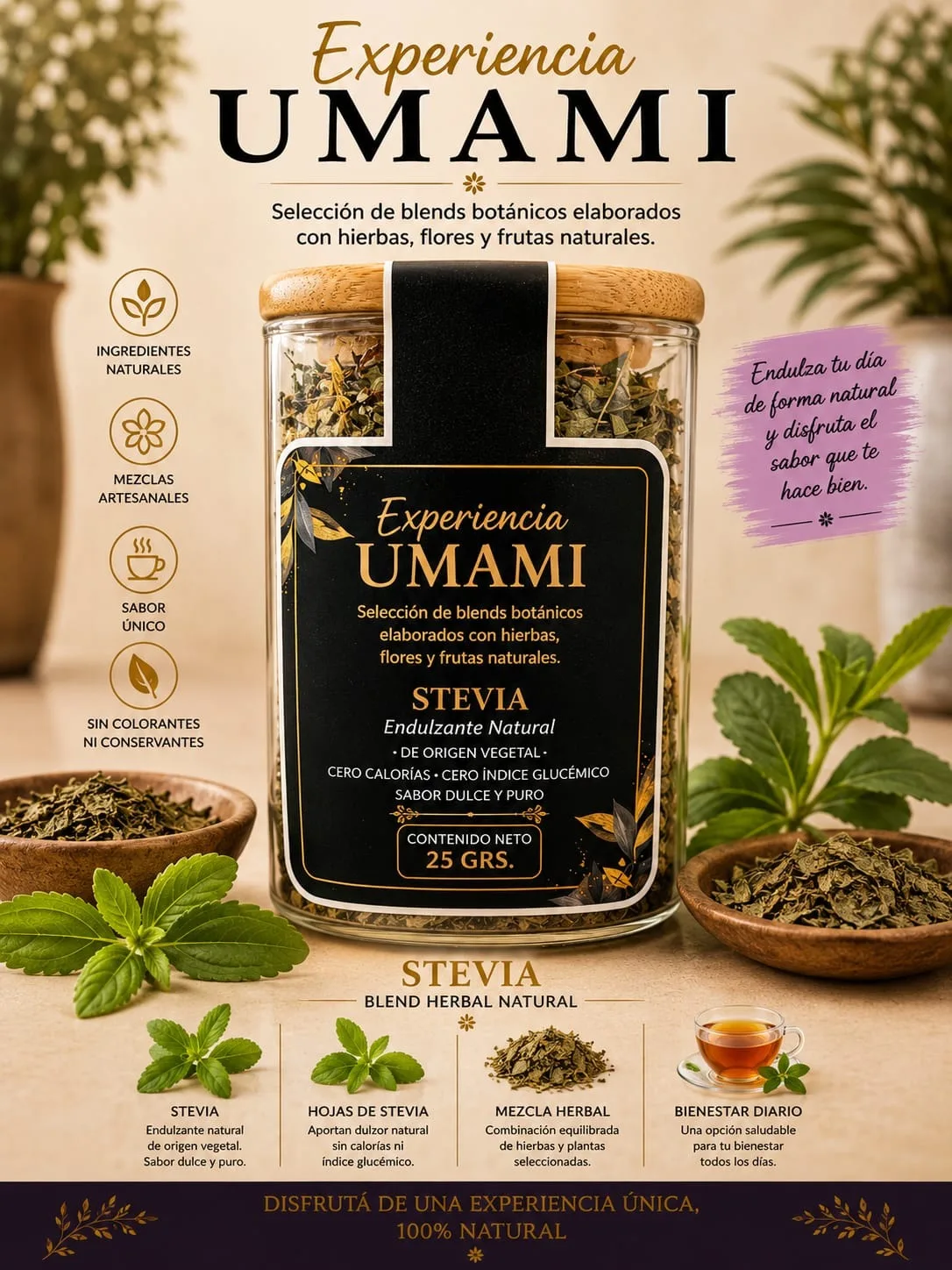 Stevia · Frasco de vidrio · tapa de bambú