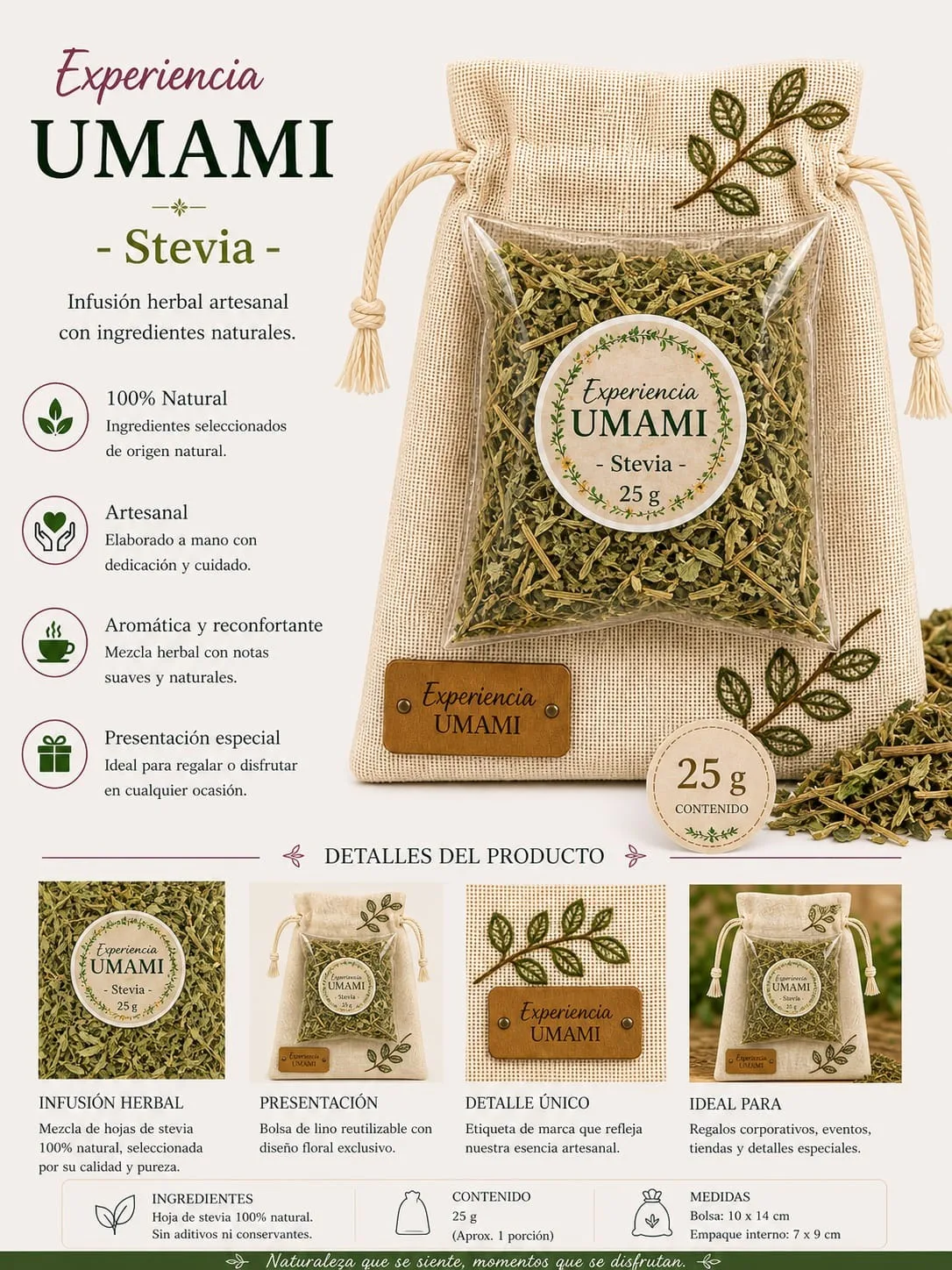 Stevia · Jardín Umami · bolsita de lino 25 g (detalle)
