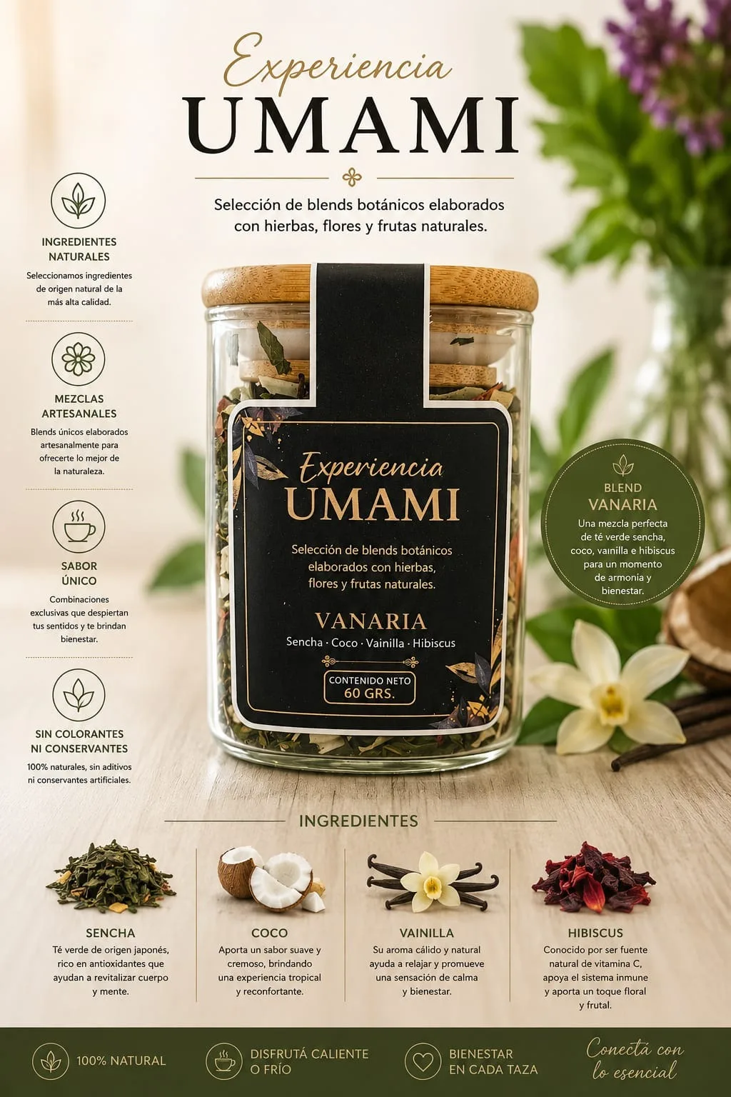 Vanaria · Frasco de vidrio · tapa de bambú