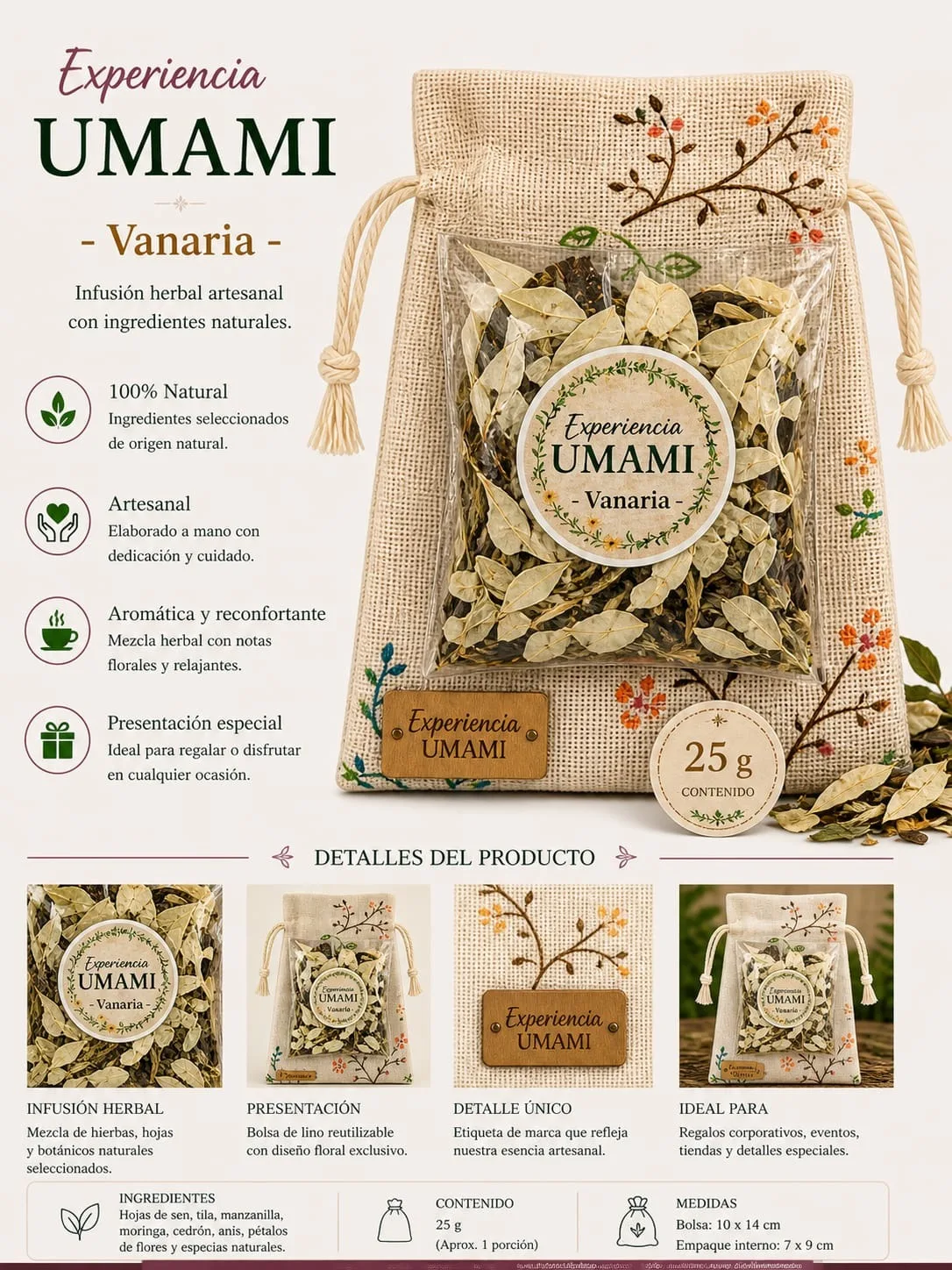 Vanaria · Jardín Umami · bolsita de lino 25 g (detalle)